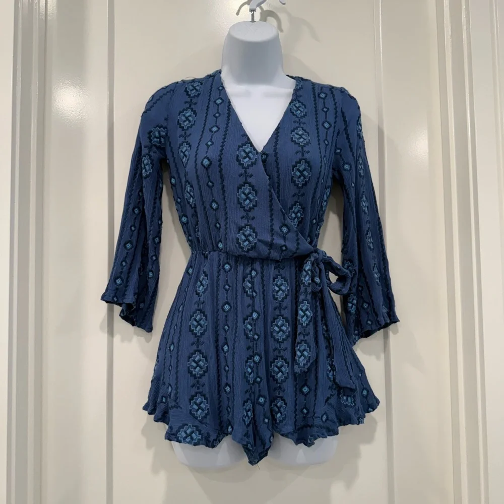 Blue Patterned Wrap Romper - Picture 1 of 8